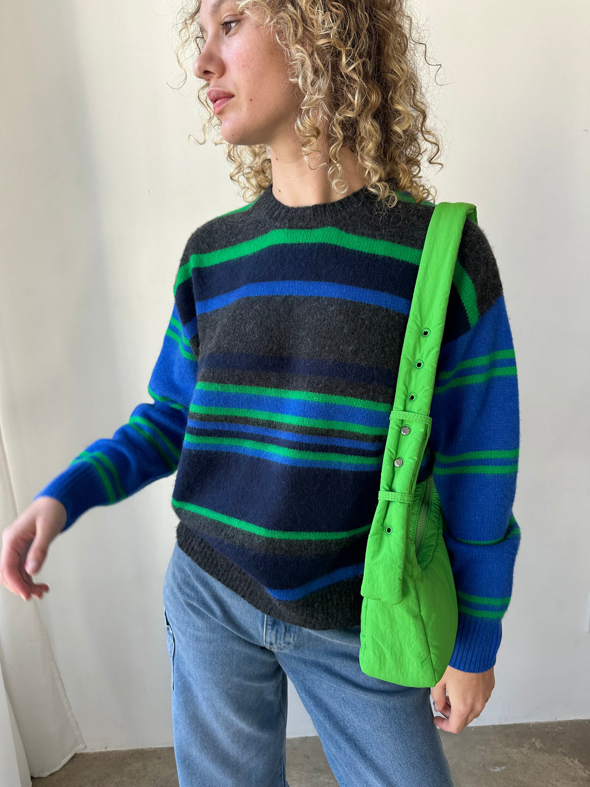 Rene Crew Jumper - Green & Blue Stripe