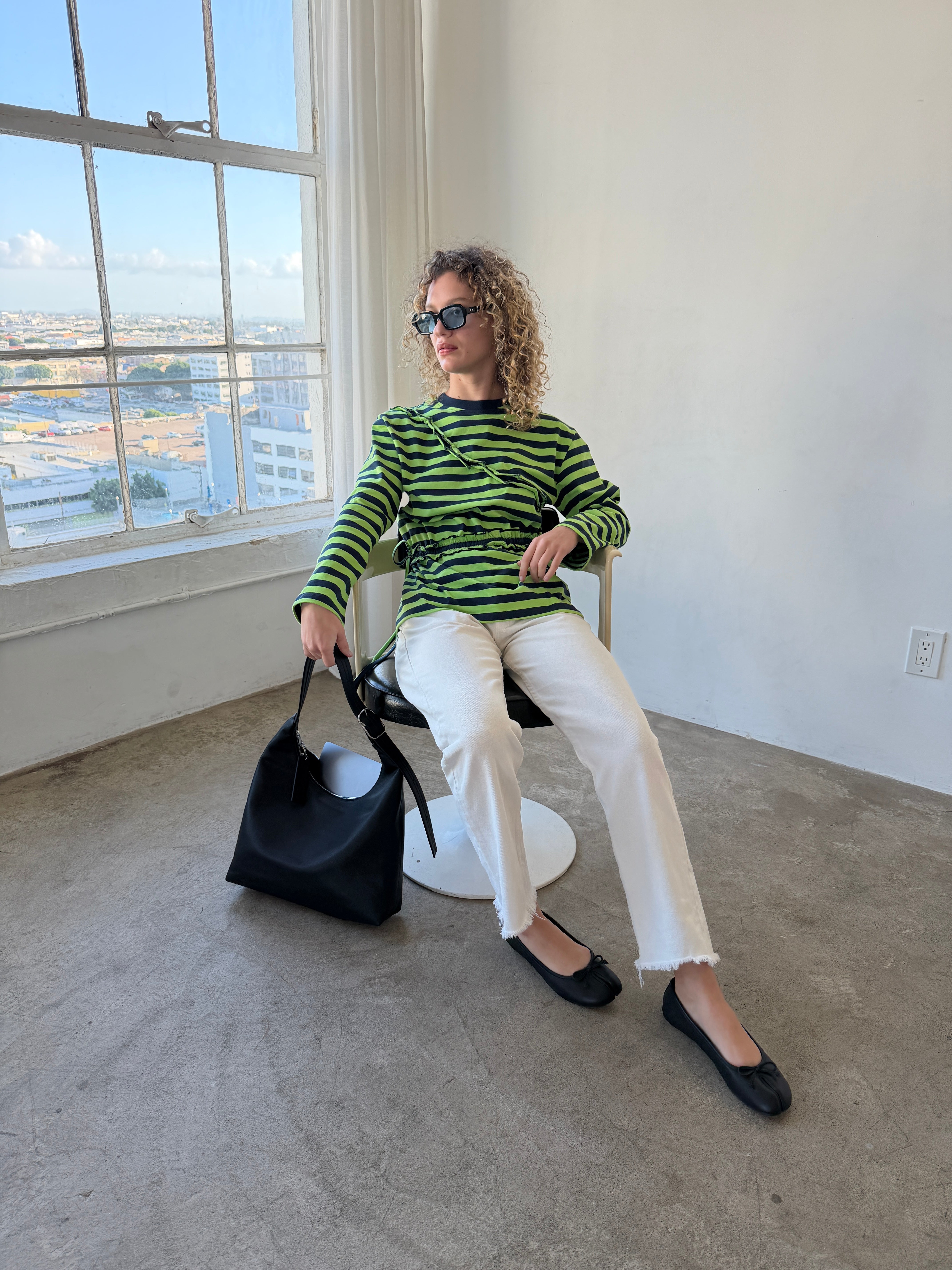 Prudie Ruffle Long Sleeve Tee - Navy/Lime