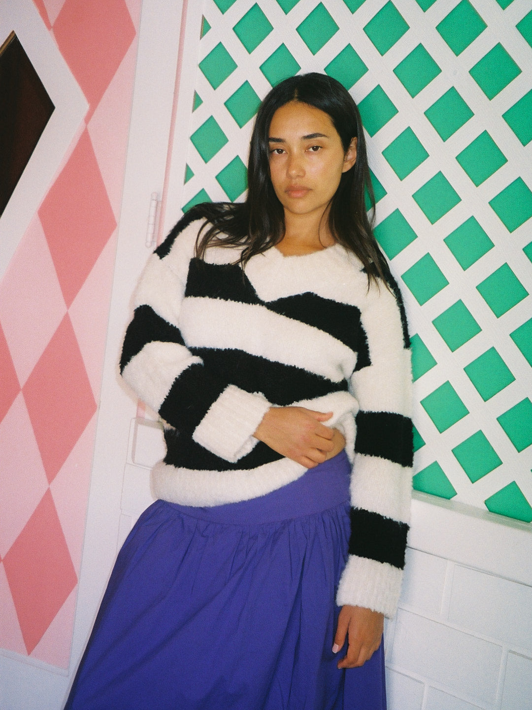 Coby V-Neck Sweater - Black/White Stripes