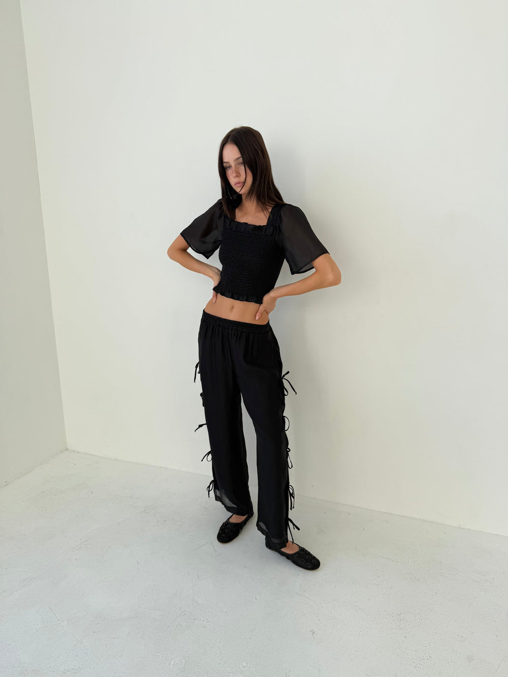 Toni Smocked Top - Black Organza